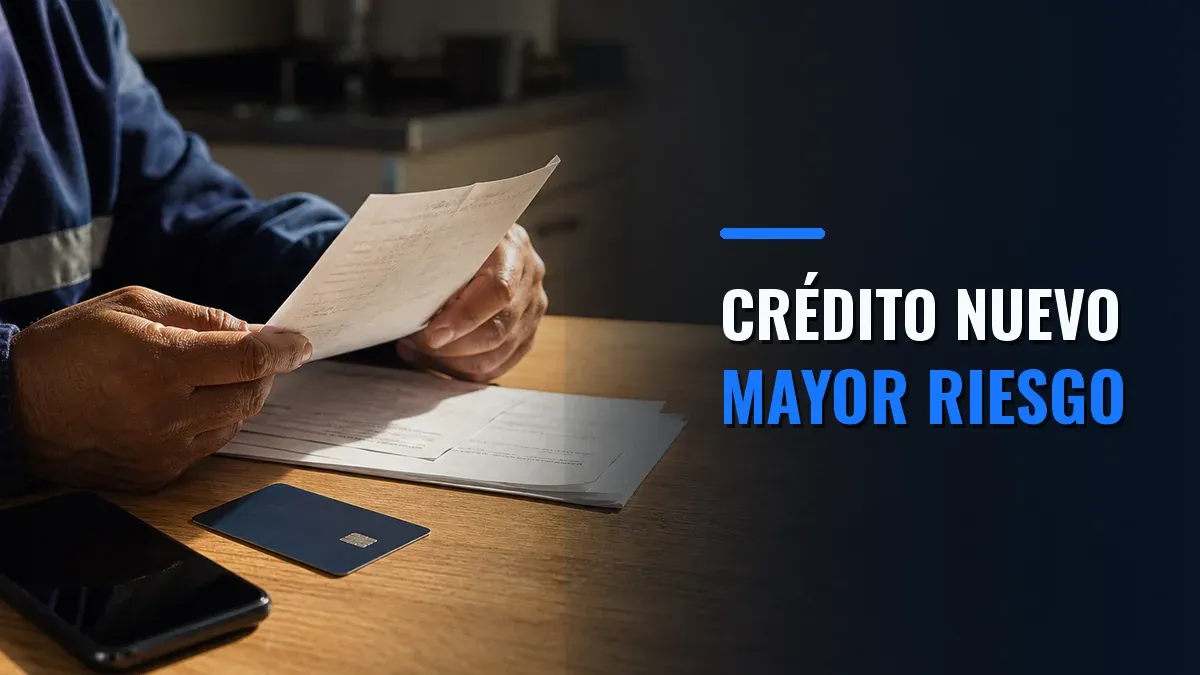 Un trabajador revisa documentos financieros junto a una tarjeta bancaria y un teléfono, con el llamado Crédito nuevo, mayor riesgo.