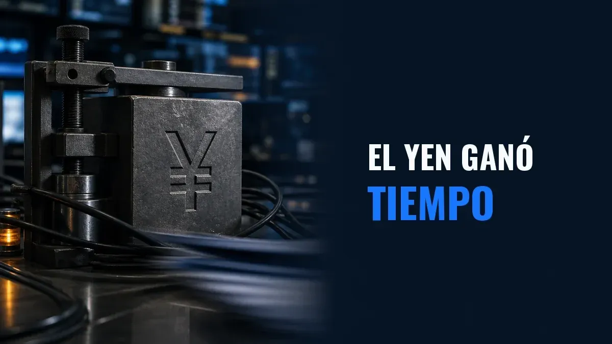 Un bloque metálico con el símbolo del yen se estabiliza con una prensa en una mesa de divisas, con el llamado El yen ganó tiempo.