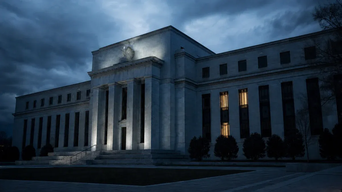 Fachada de un banco central en tonos azul oscuro, con tres ventanas iluminadas en ámbar que sugieren la división en la decisión de tasas.