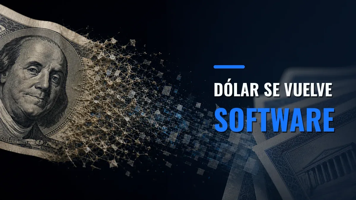 Un billete de dólar sobre una mesa oscura se deshace en fibras y pequeños bloques azules, con otros billetes al fondo.