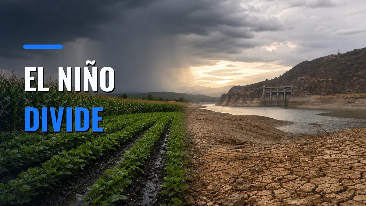La composición muestra cultivos verdes bajo la lluvia a la izquierda y un embalse bajo con suelo agrietado a la derecha, con el texto «EL NIÑO DIVIDE».
