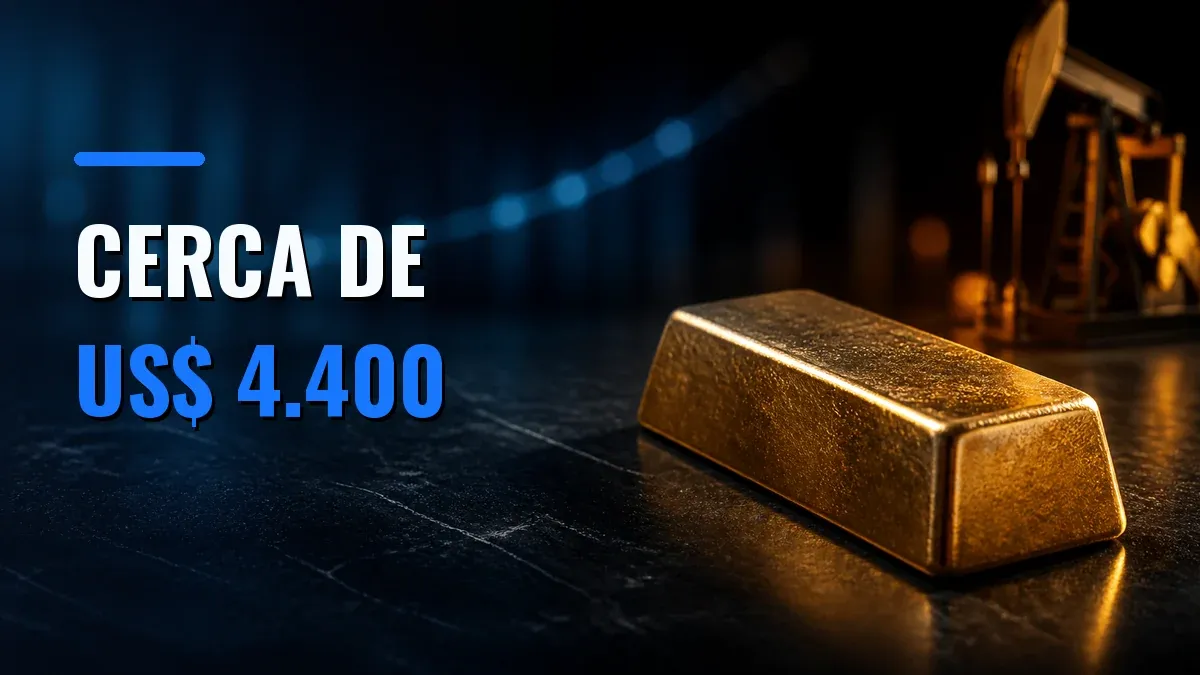 Lingote de oro frente a una curva de tasas y una bomba extractora de petróleo al fondo, con el texto «CERCA DE US$ 4.400».