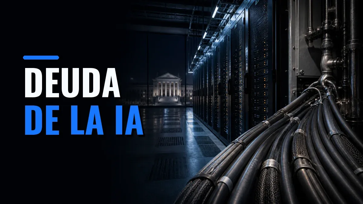 Data center oscuro con haces de cables orientados hacia los servidores y un edificio institucional al fondo, junto al texto Deuda de la IA.