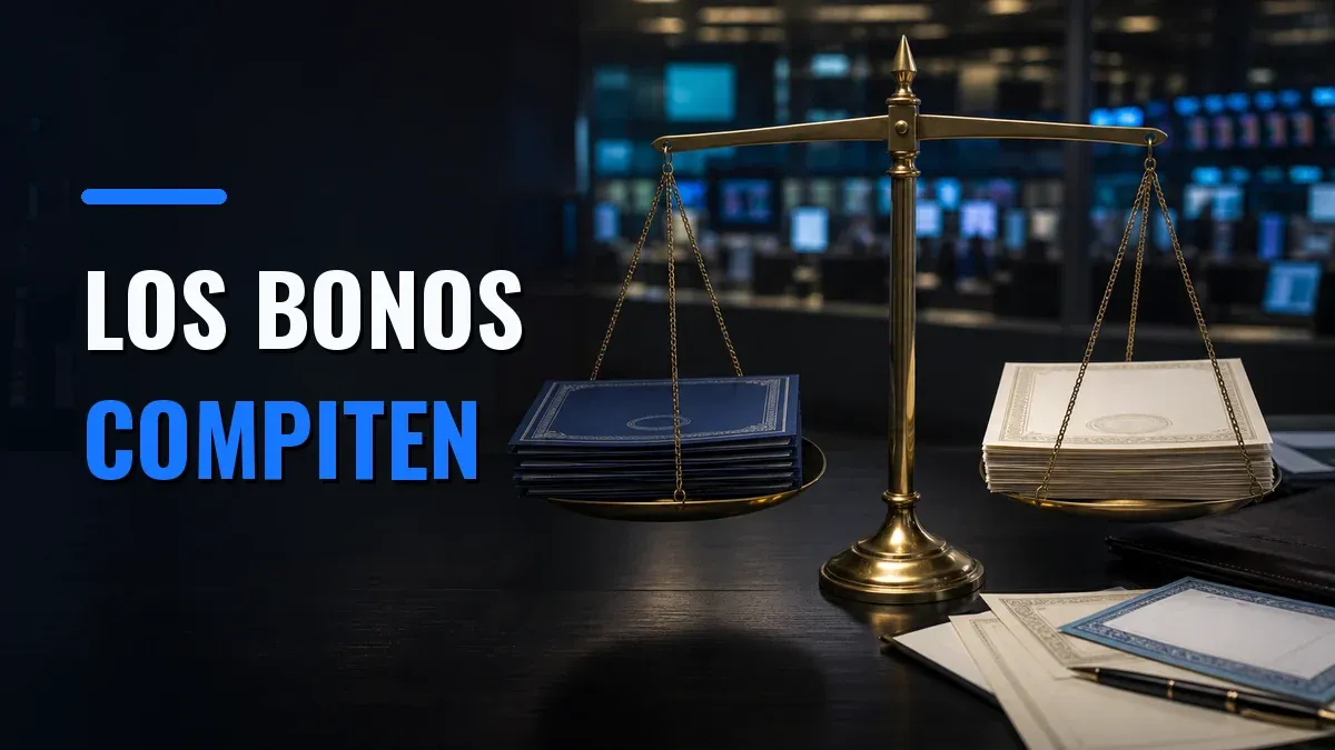 Una balanza compara documentos que representan bonos soberanos y acciones, con el texto «LOS BONOS COMPITEN».