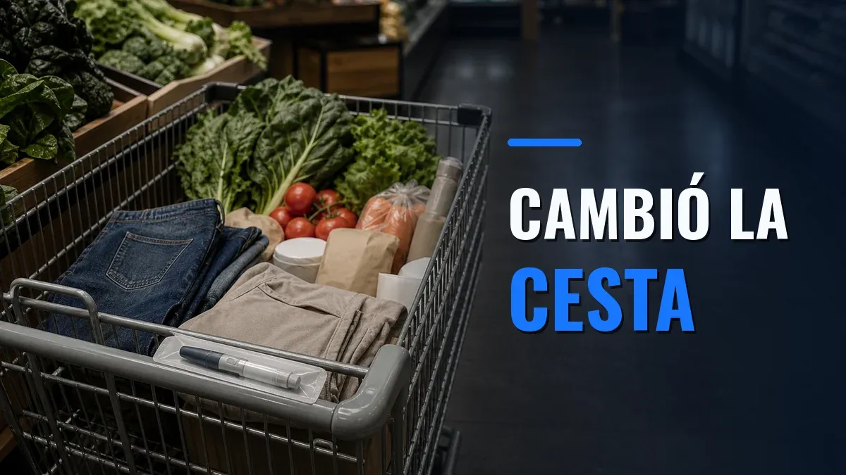Carrito de supermercado con verduras, ropa doblada y una pluma inyectable genérica, junto al texto Cambió la cesta.