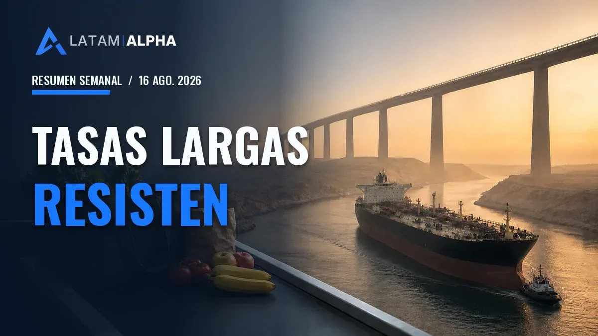 Bolsa con alimentos frente a un petrolero que cruza un estrecho bajo un puente elevado, junto al texto «Tasas largas resisten».