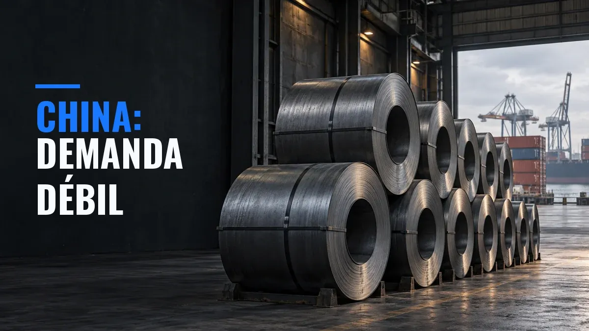 Almacén industrial con rollos de acero y contenedores de carga al fondo.