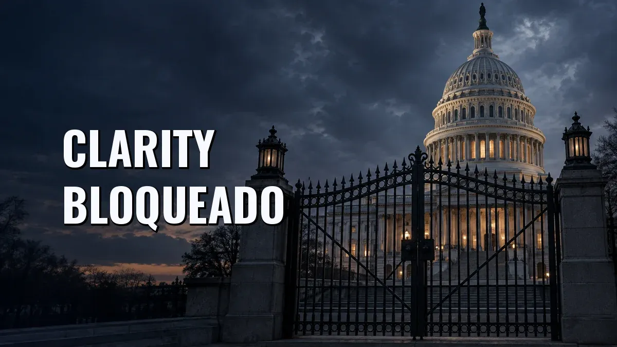 Cúpula del Capitolio de EE. UU. detrás de una reja cerrada, con el texto CLARITY BLOQUEADO.