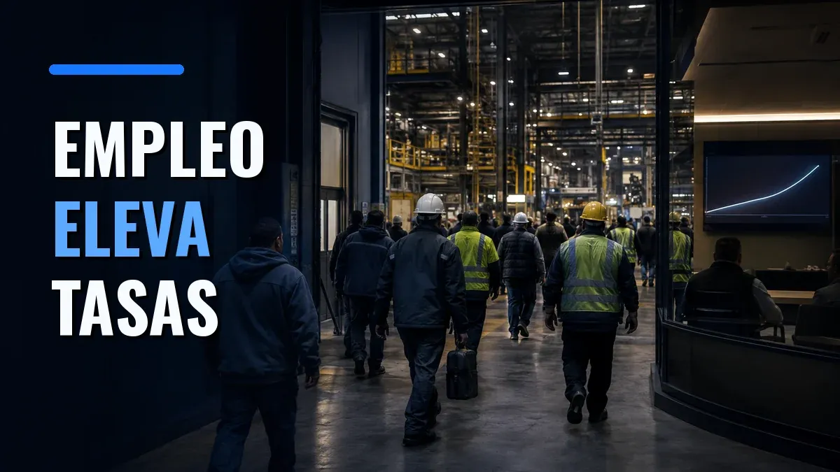 Trabajadores ingresan a una fábrica moderna; a la derecha, una pantalla muestra una curva ascendente, bajo el texto EMPLEO ELEVA TASAS.