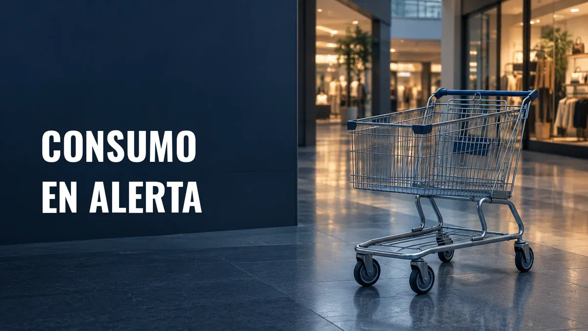 Carrito de compras vacío en un pasillo de tiendas, con el texto Consumo en alerta.