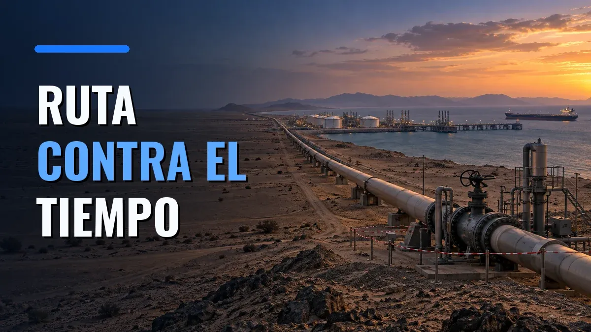 Un oleoducto atraviesa el desierto saudí rumbo a una terminal en el mar Rojo, bajo el texto RUTA CONTRA EL TIEMPO.