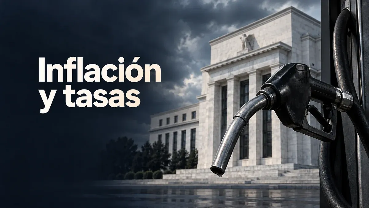 Boquilla de gasolina frente a un edificio de banco central, con el texto Inflación y tasas.