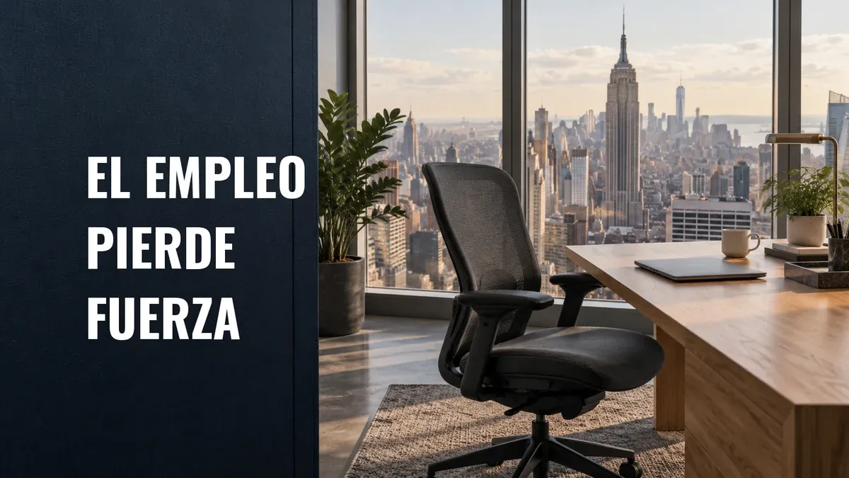 Silla de oficina junto a un escritorio con una computadora portátil cerrada, frente a ventanales con vista a Manhattan; texto: El empleo pierde fuerza.