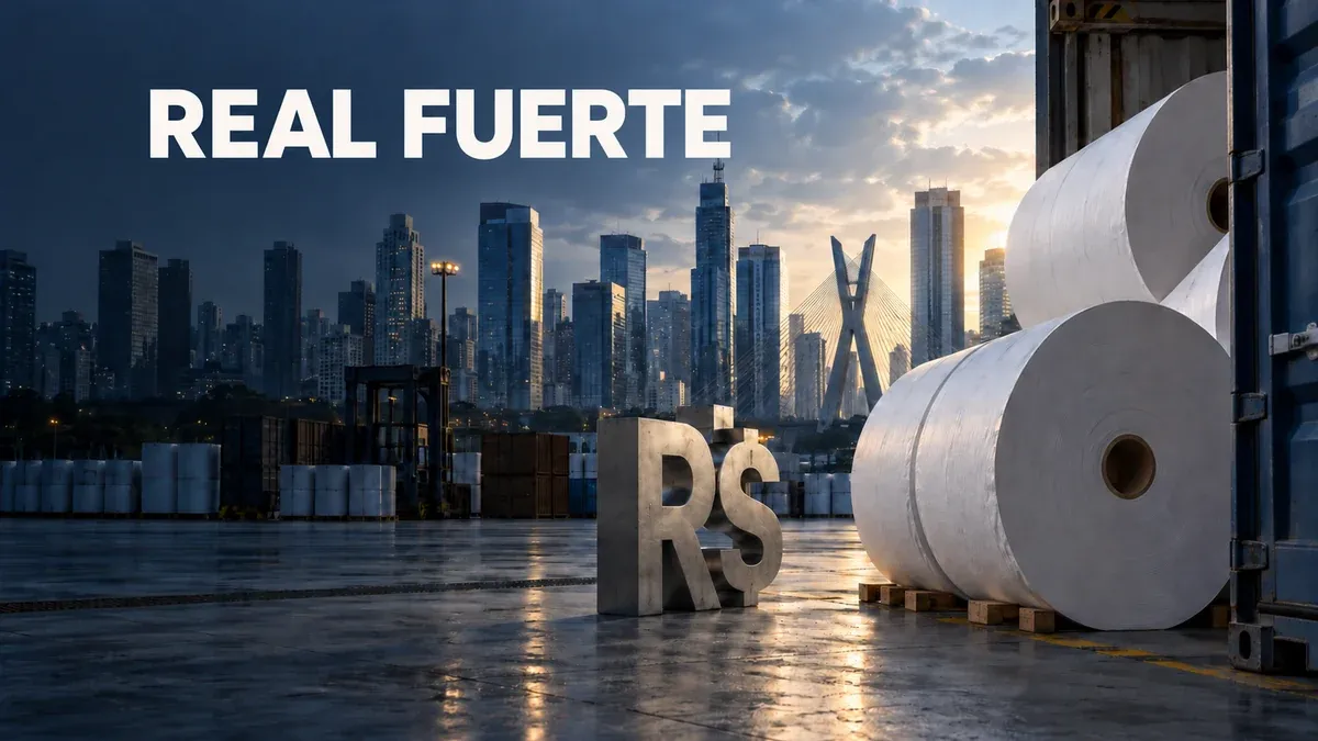 Bobinas de papel en una zona de exportación, símbolo del real y edificios de São Paulo al fondo.