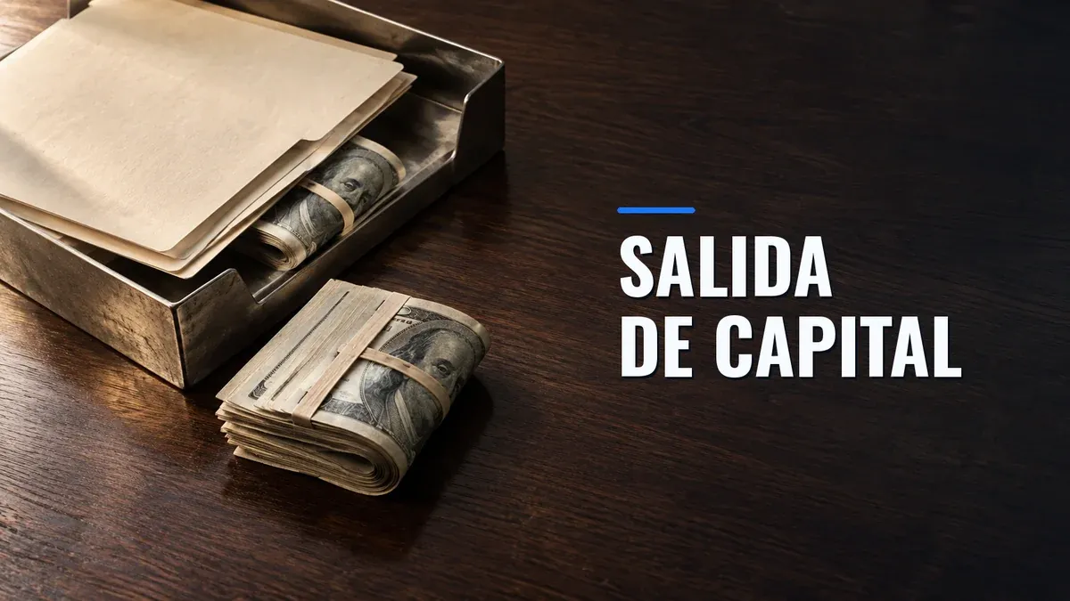 Fajos de dólares junto a una bandeja metálica con carpetas sobre una mesa de madera.
