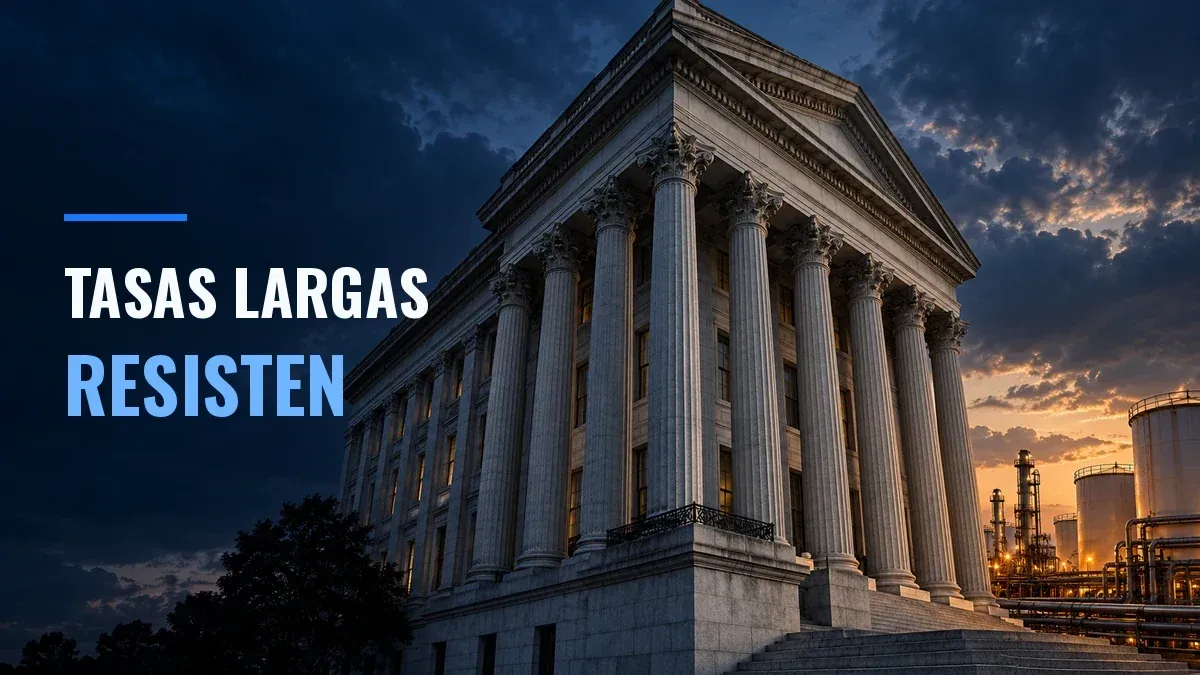 Edificio de columnas clásicas junto a tanques e instalaciones de combustible, bajo un cielo oscuro.