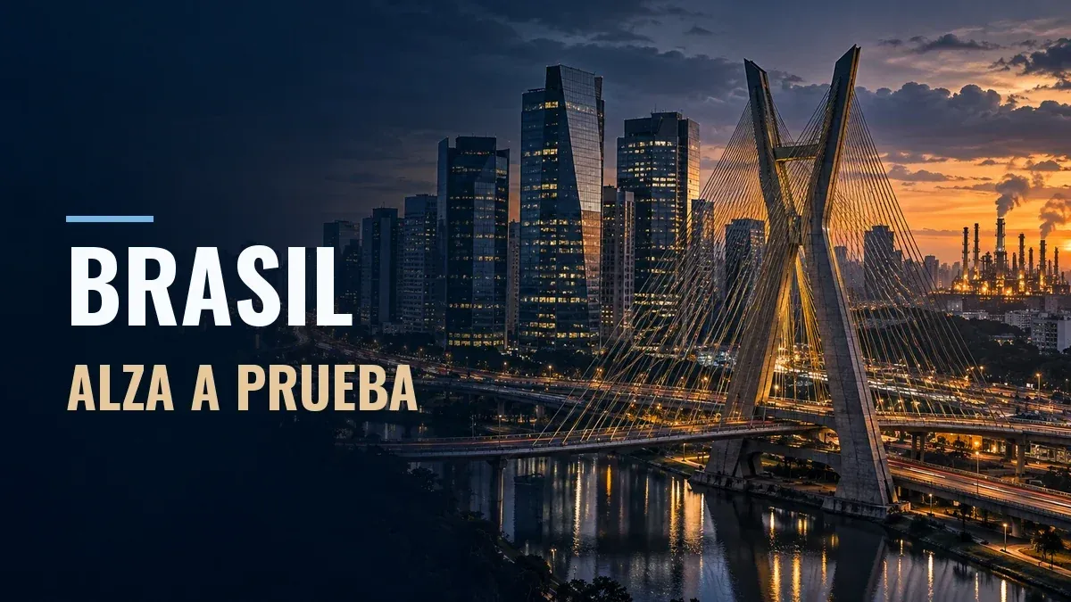 Composición con el puente atirantado y edificios de São Paulo al atardecer, con instalaciones energéticas al fondo.