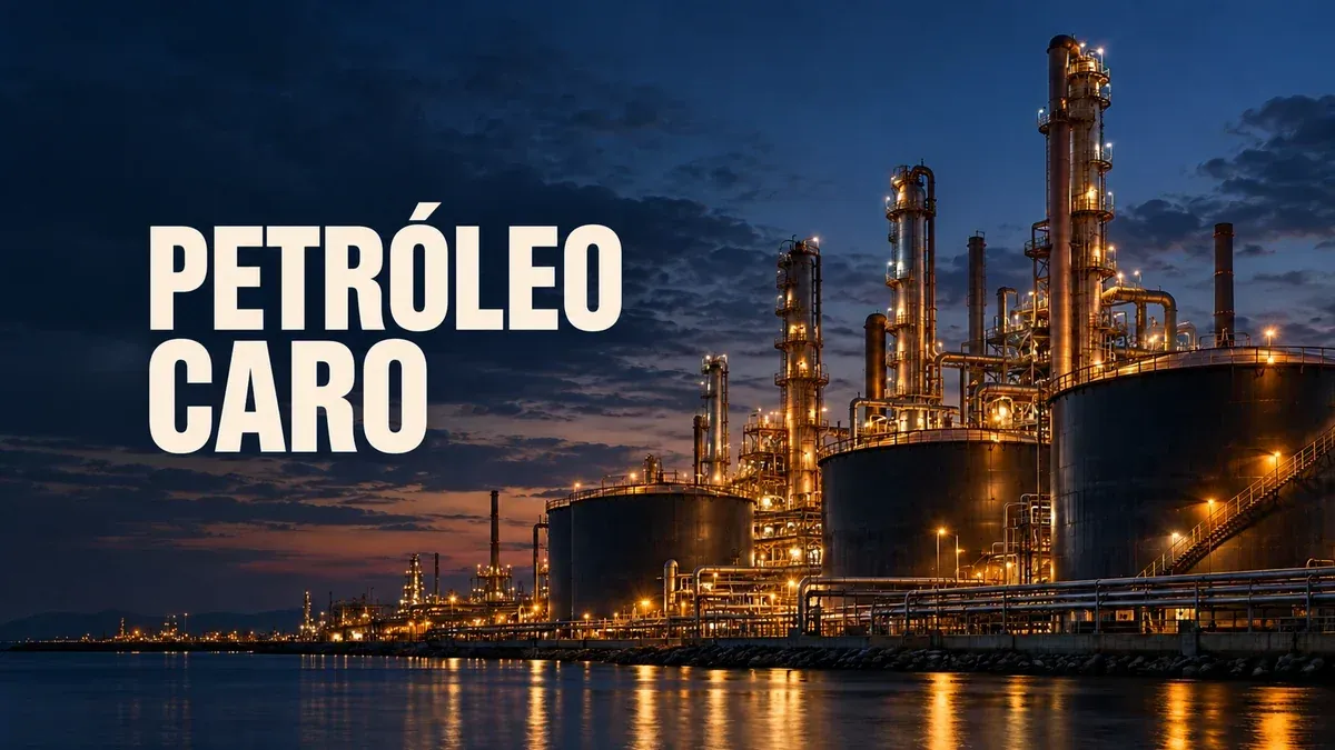 Tanques de petróleo y torres de una refinería iluminada al anochecer, con el texto Petróleo caro.