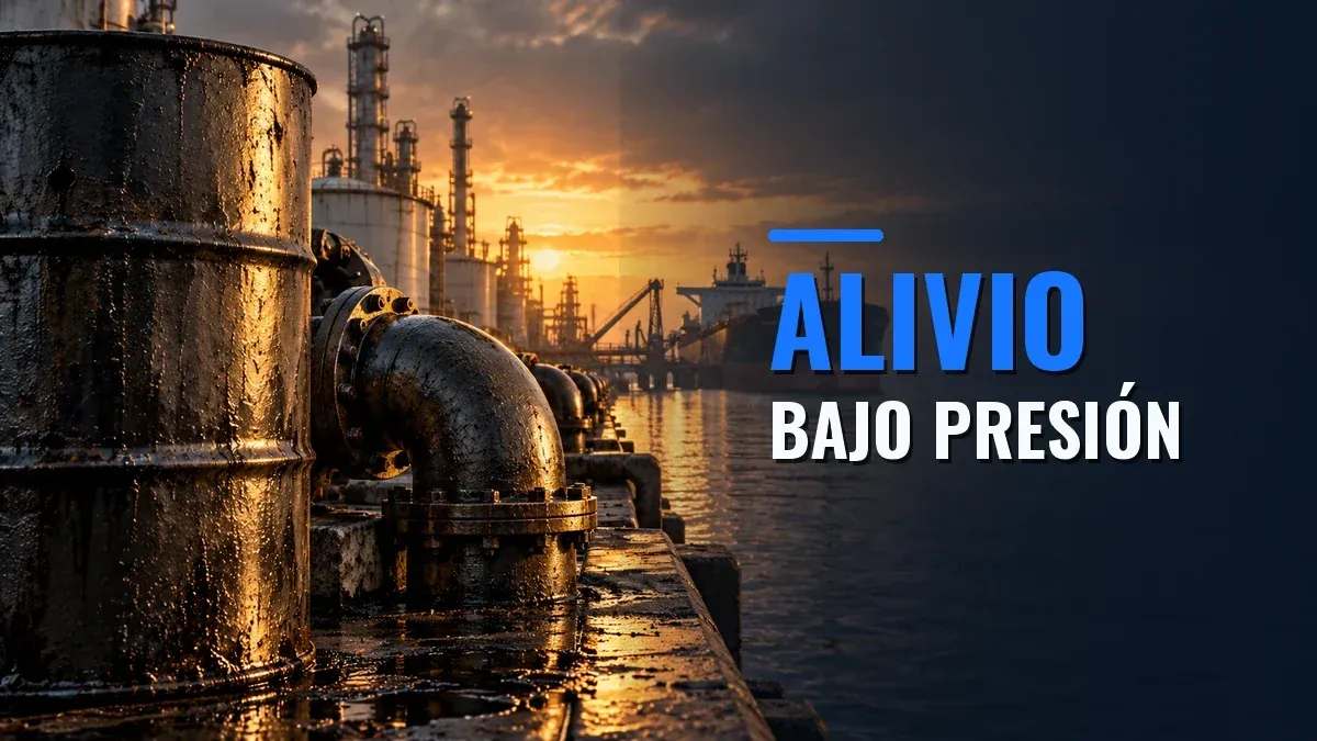 Barril y tuberías frente a una terminal petrolera al amanecer, con el texto Alivio bajo presión.