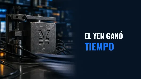 Un bloque metálico con el símbolo del yen se estabiliza con una prensa en una mesa de divisas, con el llamado El yen ganó tiempo.