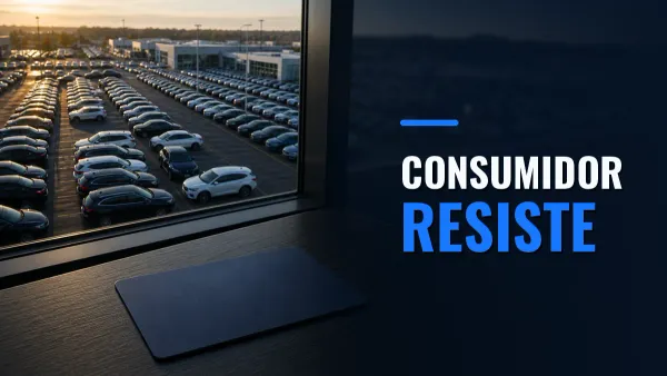 Vista de un concesionario de automóviles desde una oficina, con una tarjeta azul sin marca y el texto «CONSUMIDOR RESISTE».