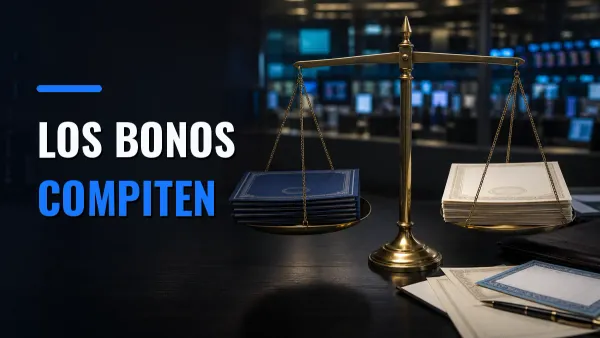 Una balanza compara documentos que representan bonos soberanos y acciones, con el texto «LOS BONOS COMPITEN».