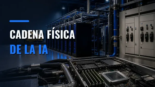 Corredor de servidores conectado a equipos eléctricos, sistemas de refrigeración y grandes generadores que sostienen la infraestructura de la inteligencia artificial.