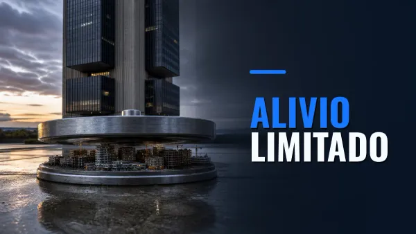 Un pesado disco de acero flota sobre una maqueta de edificios ante una torre modernista, con el llamado Alivio limitado.