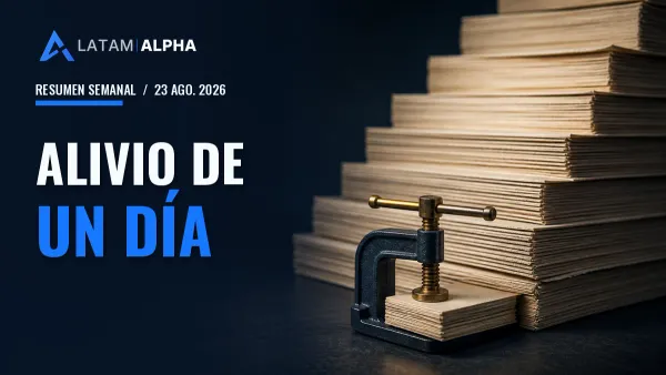 Prensa azul comprime una pila pequeña de papeles delante de muchas pilas mayores, con el texto «Alivio temporal / Deuda récord».