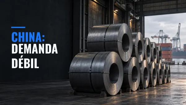 Almacén industrial con rollos de acero y contenedores de carga al fondo.
