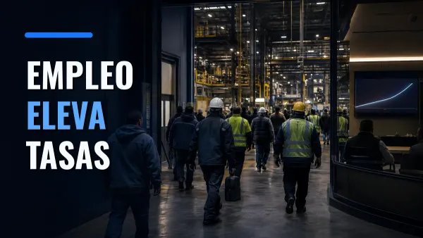 Trabajadores ingresan a una fábrica moderna; a la derecha, una pantalla muestra una curva ascendente, bajo el texto EMPLEO ELEVA TASAS.