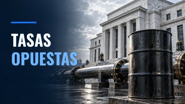 Barril metálico y tuberías frente a un edificio de banco central, con el texto «TASAS OPUESTAS».