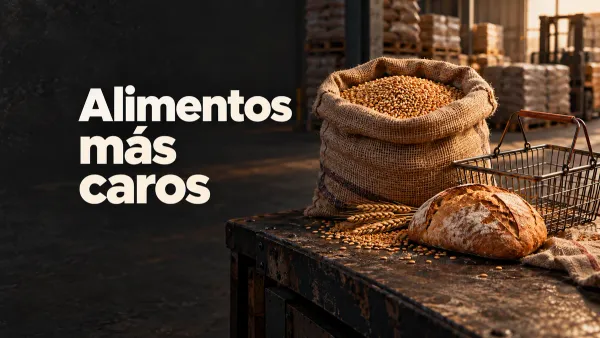 Saco de trigo, pan y cesta de compras sobre un mostrador de almacén, con el texto Alimentos más caros.