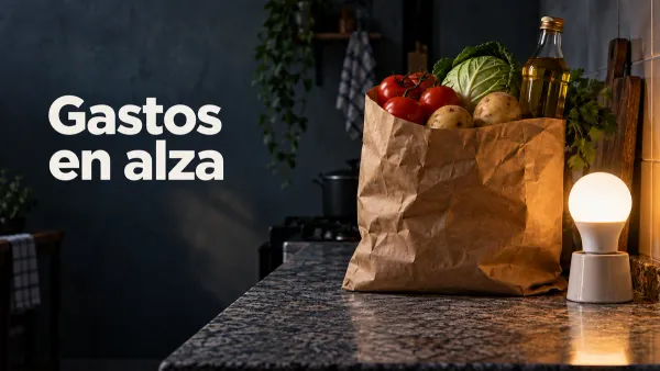 Bolsa de papel con alimentos y una bombilla encendida sobre una encimera de cocina, junto al texto Gastos en alza.