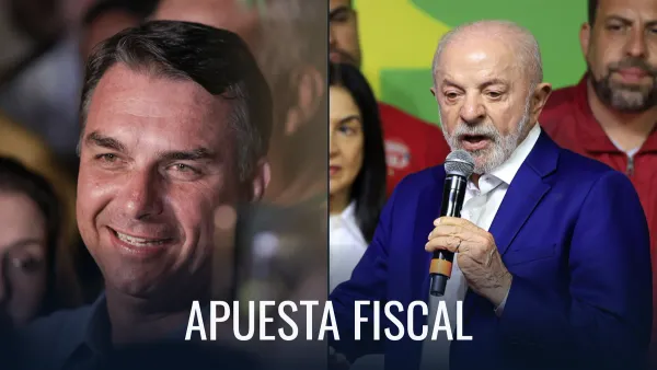 Montaje con Flávio Bolsonaro hablando con periodistas, a la izquierda, y Lula al micrófono, a la derecha, en fotografías separadas de la noche electoral.