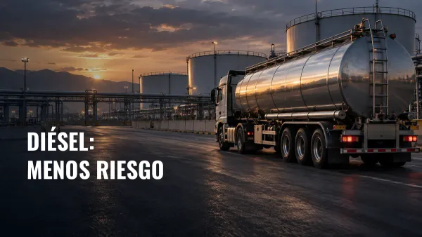 Camión cisterna en una terminal de almacenamiento de combustibles al atardecer, con el texto Diésel: menos riesgo.