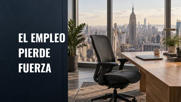 Silla de oficina junto a un escritorio con una computadora portátil cerrada, frente a ventanales con vista a Manhattan; texto: El empleo pierde fuerza.