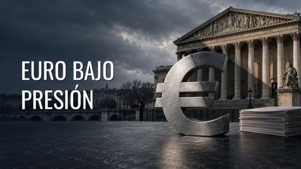 Símbolo metálico del euro sobre una mesa, con papeles y una fachada parlamentaria francesa al fondo.