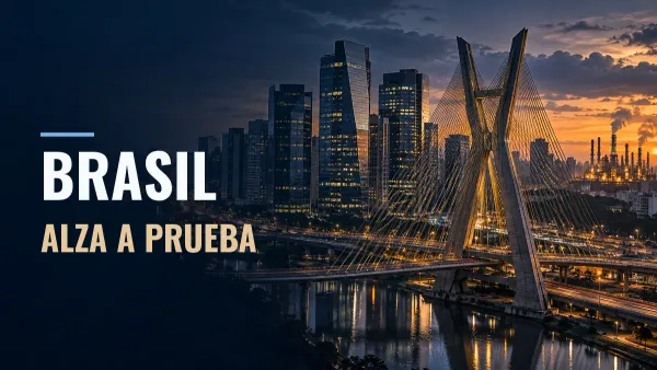 Composición con el puente atirantado y edificios de São Paulo al atardecer, con instalaciones energéticas al fondo.